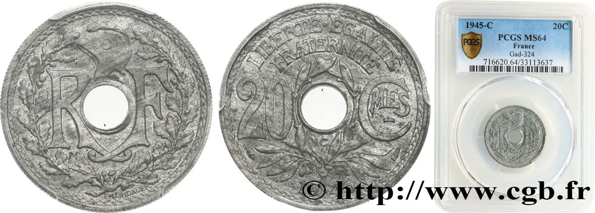 20 centimes Lindauer Zinc 1945 Castelsarrasin F.155/4 SPL64 PCGS