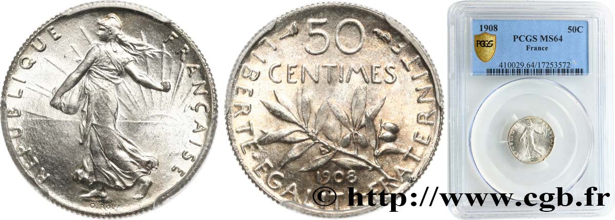 50 centimes Semeuse 1908 Paris F.190/15 SPL64 PCGS