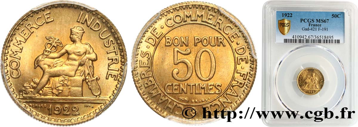 50 centimes Chambres de Commerce 1922 Paris F.191/4 FDC67 PCGS