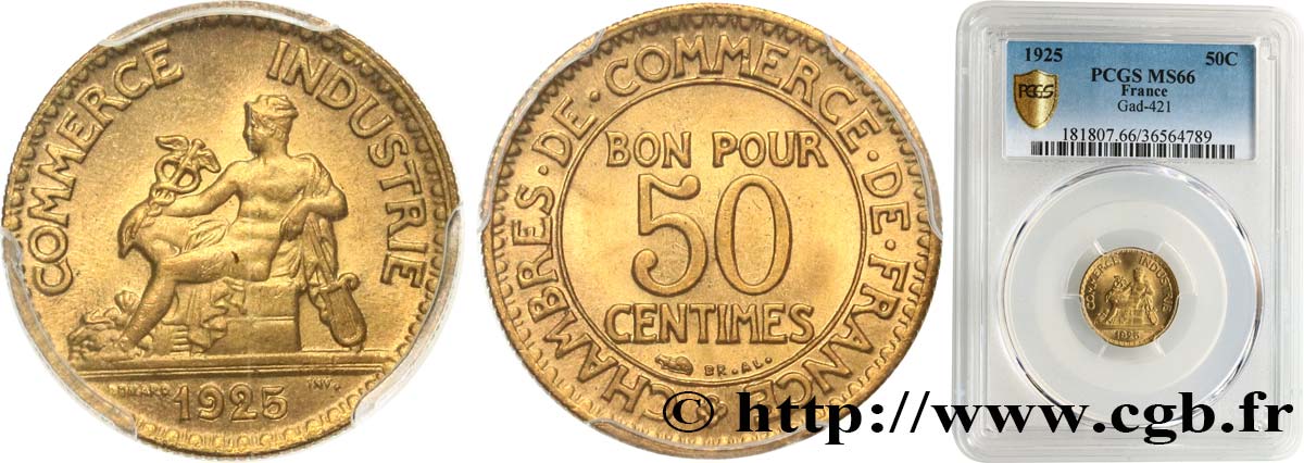50 centimes Chambres de Commerce 1925 Paris F.191/7 FDC66 PCGS