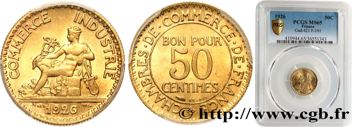 50 centimes Chambres de Commerce 1926 Paris F.191/8 MS66 PCGS