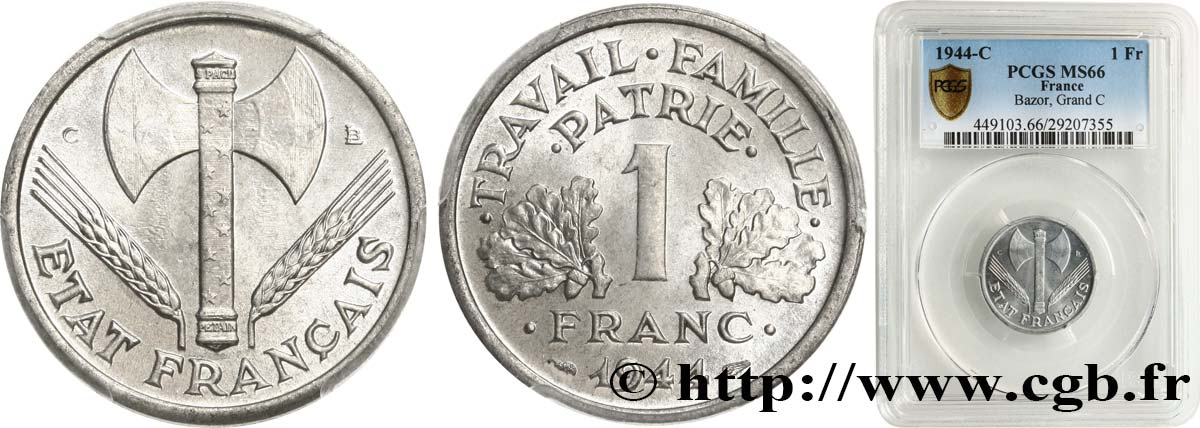 1 franc Francisque, légère 1944 Castelsarrasin F.223/7 FDC66 PCGS