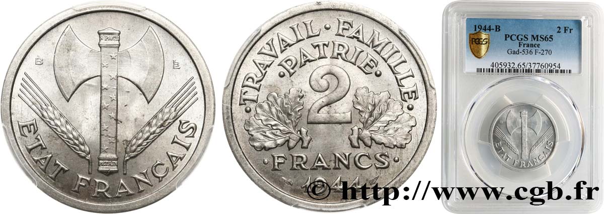 2 francs Francisque 1944 Beaumont-Le-Roger F.270/5 FDC65 PCGS