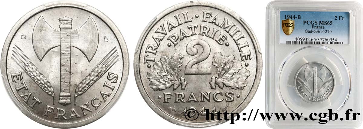 2 francs Francisque 1944 Beaumont-Le-Roger F.270/5 ST65 PCGS