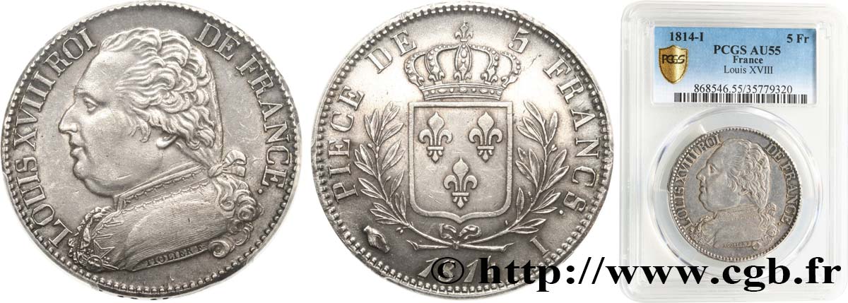 5 francs Louis XVIII, buste habillé 1814 Limoges F.308/6 SUP55 PCGS