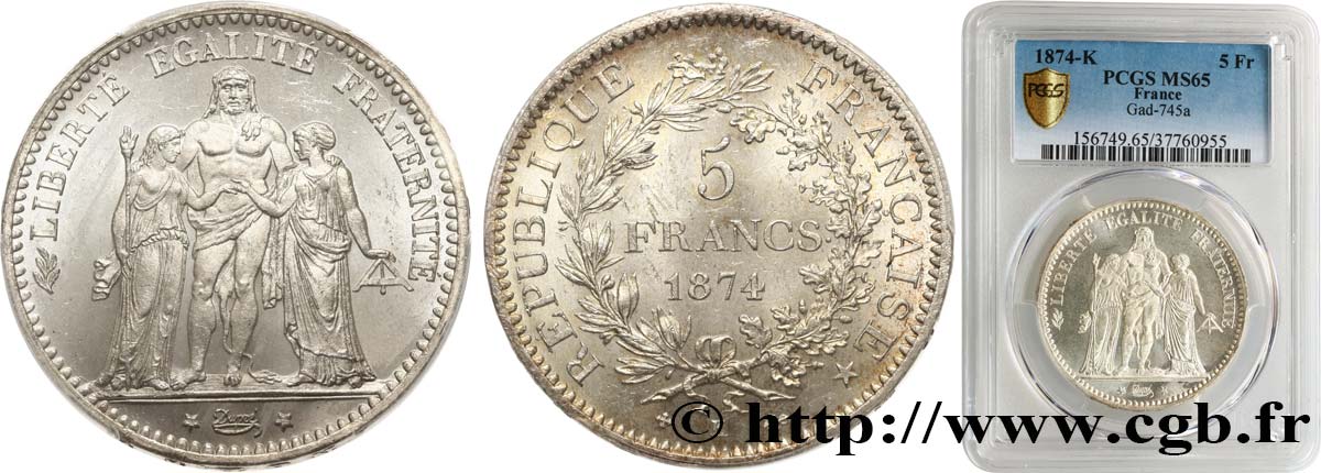 5 francs Hercule 1874 Bordeaux F.334/13 FDC65 PCGS