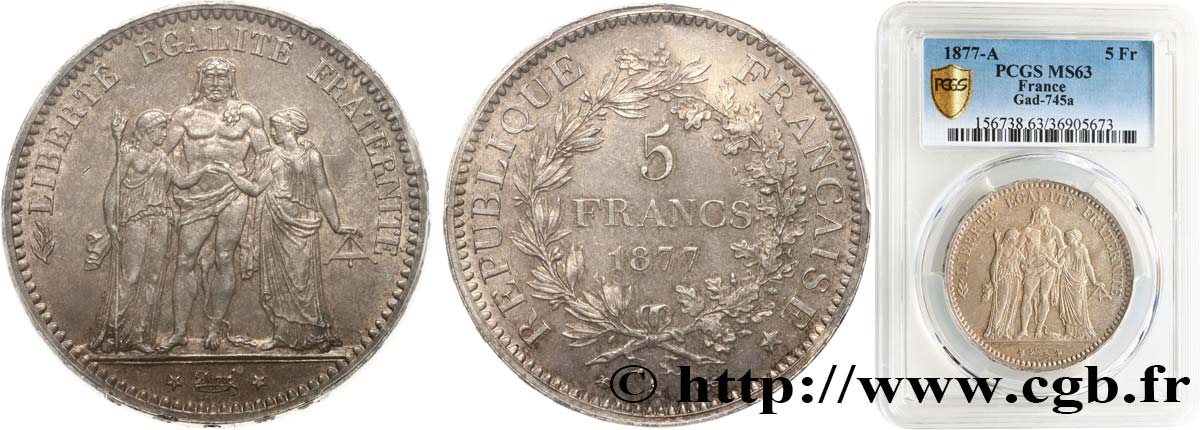 5 francs Hercule 1877 Paris F.334/19 SC63 PCGS