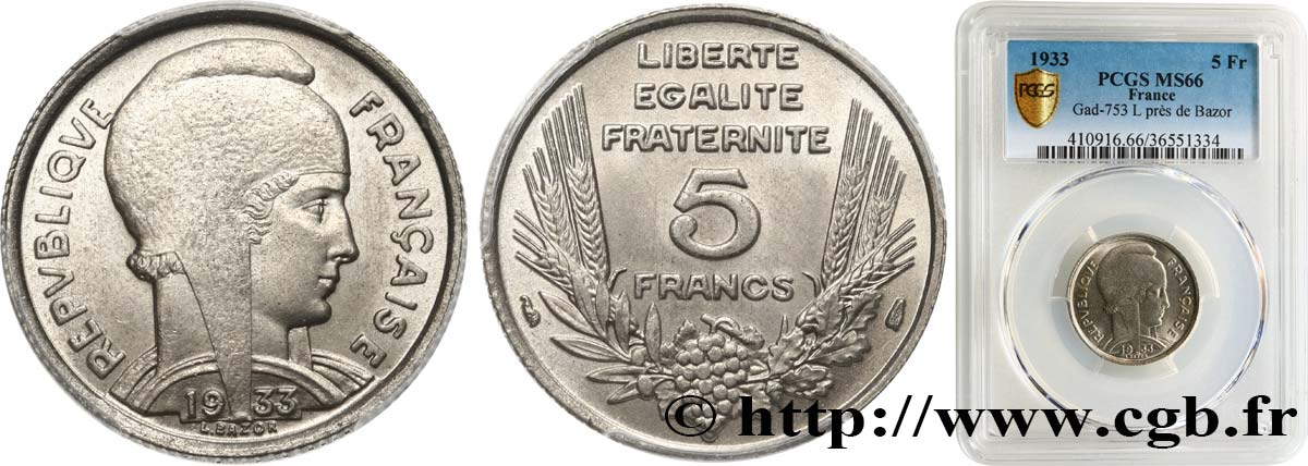5 francs Bazor 1933  F.335/3 FDC66 PCGS