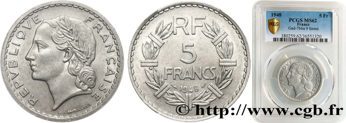 5 francs Lavrillier, aluminium, 9 fermé 1948  F.339/14 SUP62 PCGS