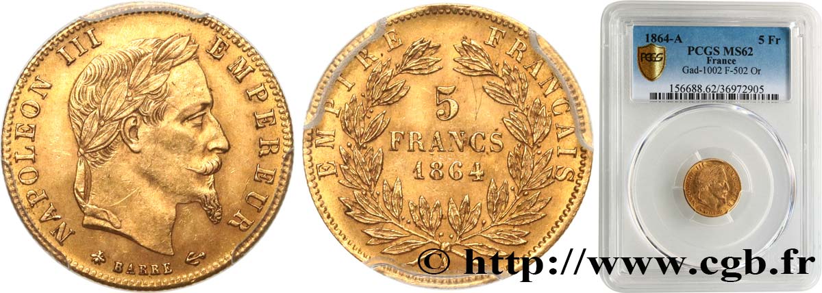 5 francs or Napoléon III, tête laurée 1864 Paris F.502/5 MS62 PCGS