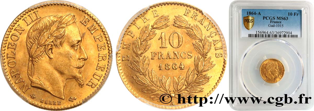 10 francs or Napoléon III, tête laurée, type définitif à grand 10 1864 Paris F.507A/6 SC63 PCGS