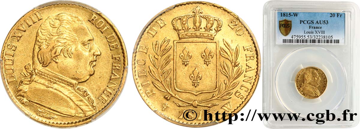 20 francs or Louis XVIII, buste habillé 1815 Lille F.517/18 SS53 PCGS