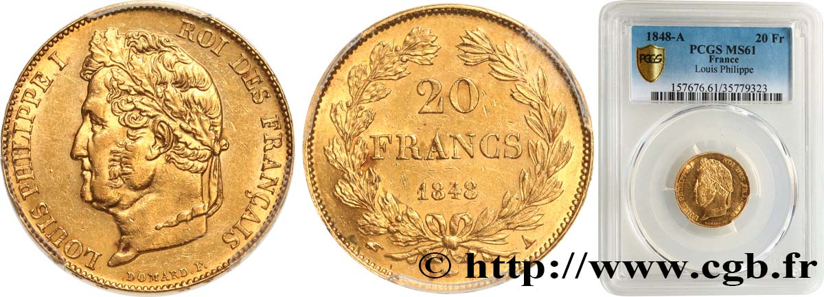 20 francs or Louis-Philippe, Domard 1848 Paris F.527/38 EBC61 PCGS