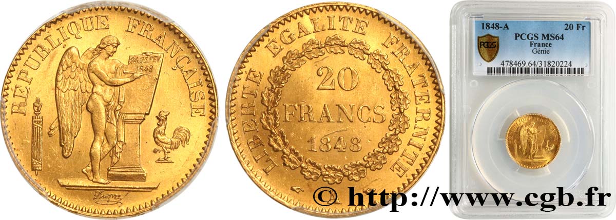 20 francs or Génie, IIe République 1848 Paris F.528/1 MS64 PCGS