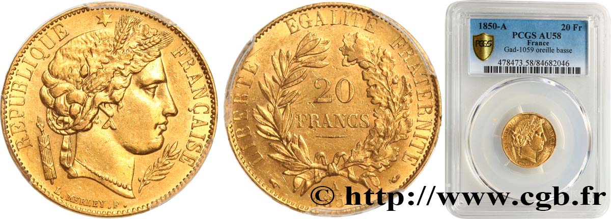 20 francs or Cérès 1850 Paris F.529/3 SPL58 PCGS