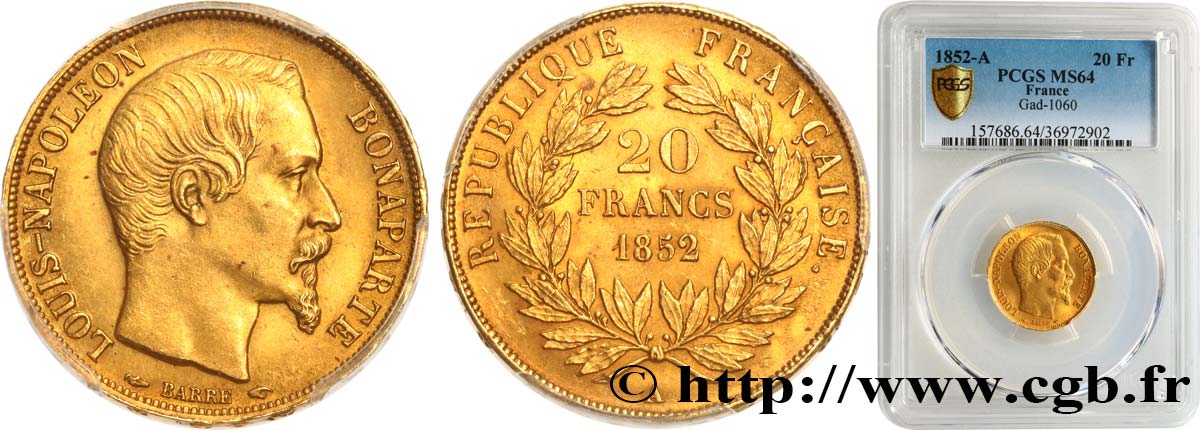 20 francs or Louis-Napoléon 1852 Paris F.530/1 MS64 PCGS