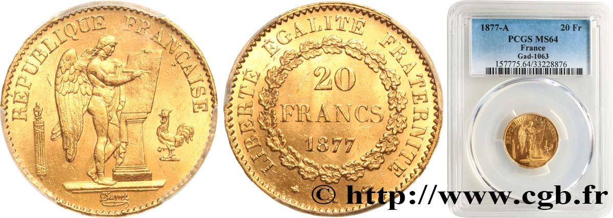 20 francs or Génie, Troisième République 1877 Paris F.533/5 fST64 PCGS