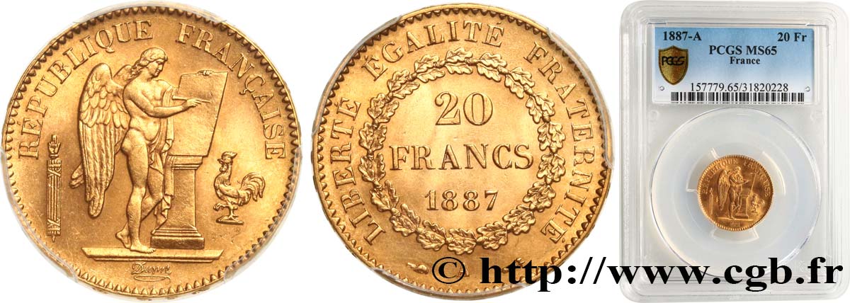 20 francs or Génie, Troisième République 1887 Paris F.533/10 MS65 PCGS