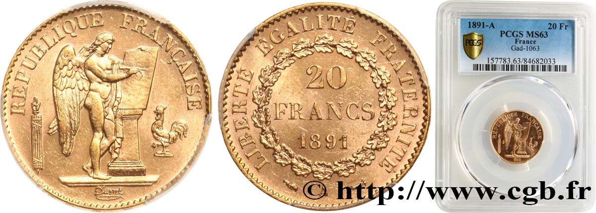 20 francs or Génie, IIIe République 1891 Paris F.533/15 fST63 PCGS