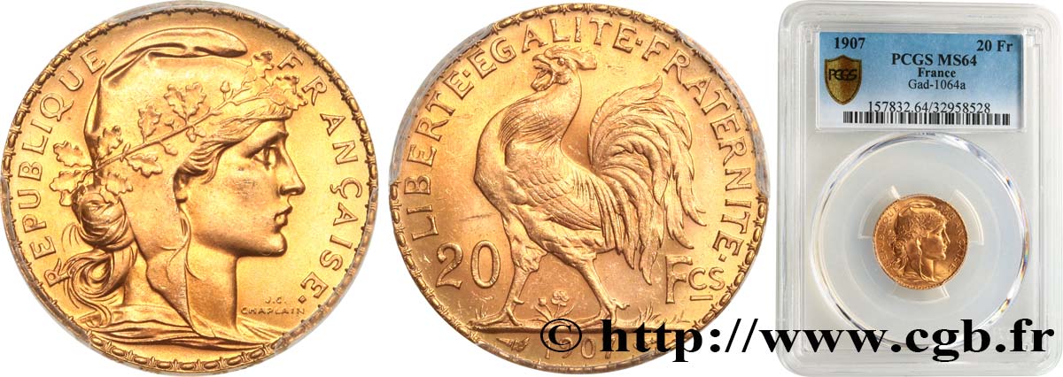 20 francs or Coq, Liberté Égalité Fraternité 1907 Paris F.535/1 MS64 PCGS