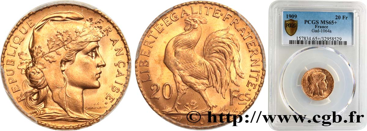 20 francs or Coq, Liberté Égalité Fraternité 1909 Paris F.535/3 ST65 PCGS