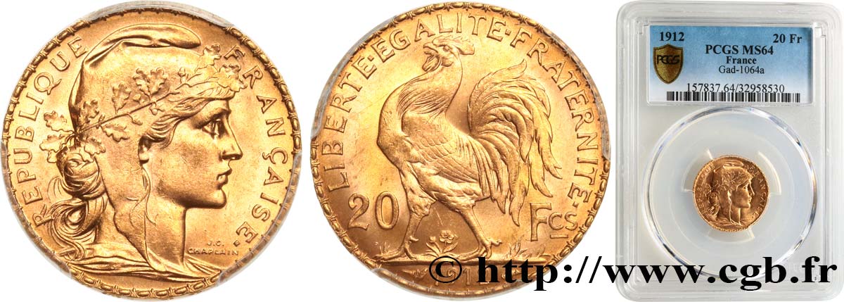 20 francs or Coq, Liberté Égalité Fraternité 1912 Paris F.535/6 MS64 PCGS