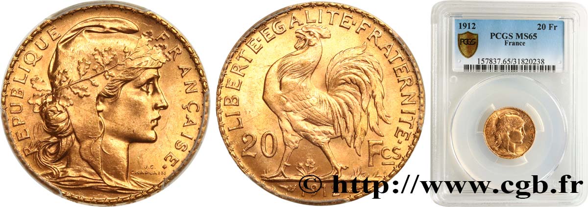 20 francs or Coq, Liberté Égalité Fraternité 1912 Paris F.535/6 FDC65 PCGS