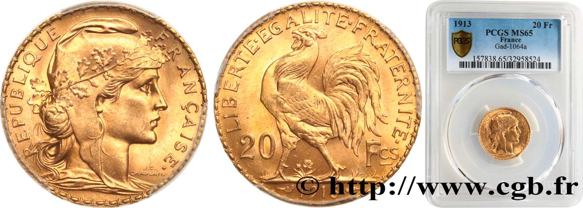 20 francs or Coq, Liberté Égalité Fraternité 1913 Paris F.535/7 ST65 PCGS