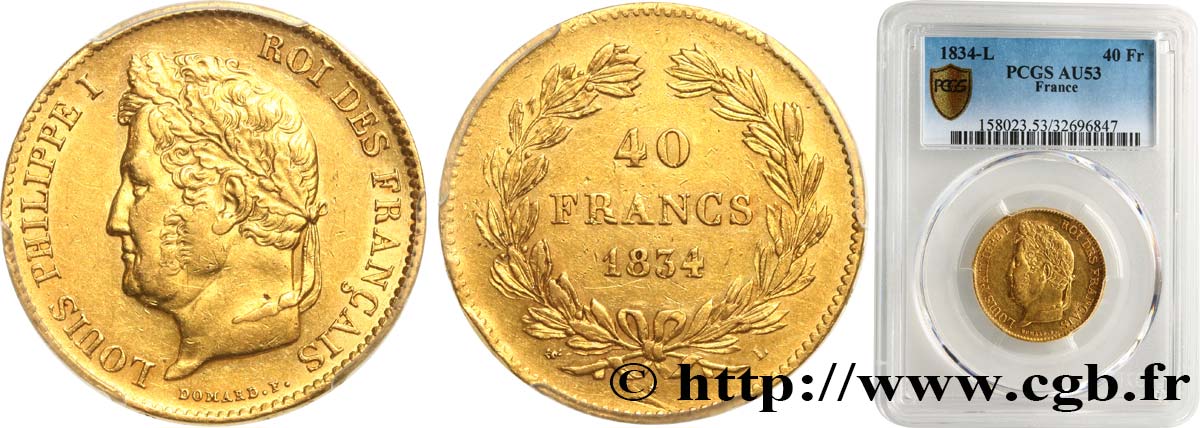 40 francs or Louis-Philippe 1834 Bayonne F.546/7 SS53 PCGS