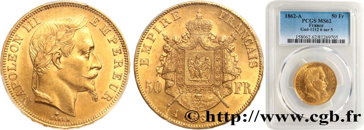 50 francs or Napoléon III, tête laurée 1862 Paris F.548/1 SUP62 PCGS