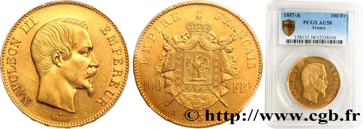 100 francs or Napoléon III, tête nue 1857 Paris F.550/4 SUP58 PCGS