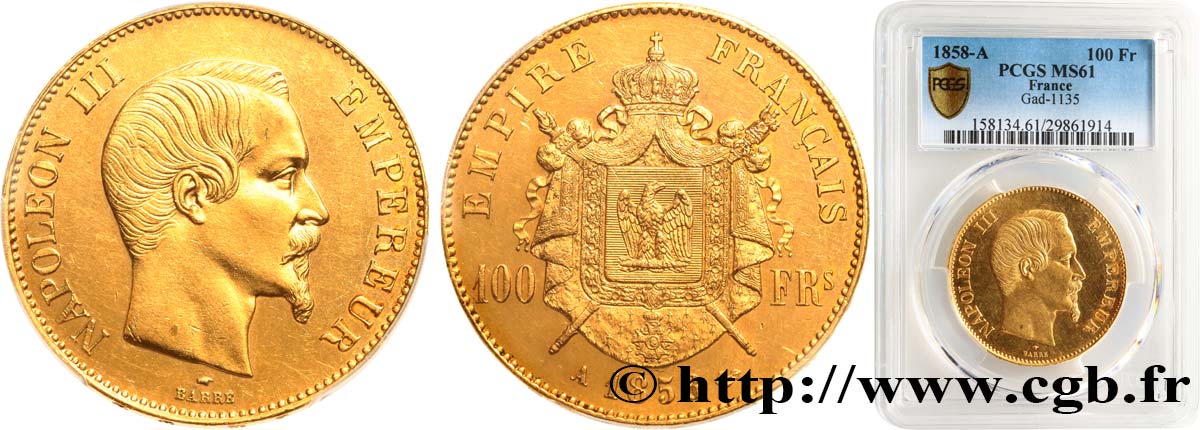 100 francs or Napoléon III, tête nue 1858 Paris F.550/5 SUP61 PCGS