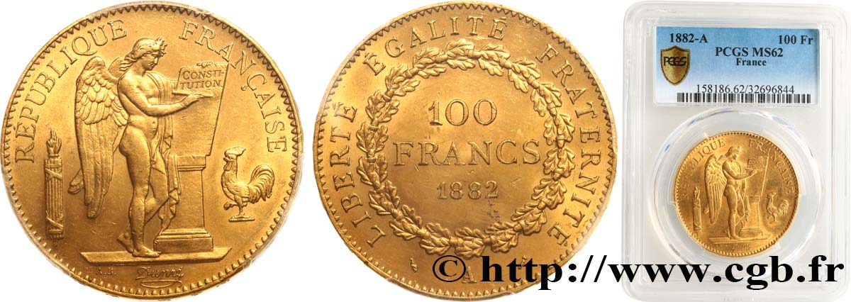 100 francs or Génie, tranche inscrite en relief Dieu protège la France 1882 Paris F.552/5 SUP62 PCGS