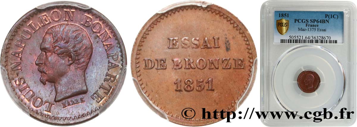 Essai de bronze au module de un centime, Louis-Napoléon Bonaparte 1851 Paris VG.3297  fST64 PCGS