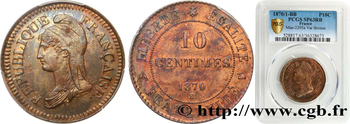 Essai de 10 centimes d’après Dupré 1870 Strasbourg GEM.23 8 MS63 PCGS