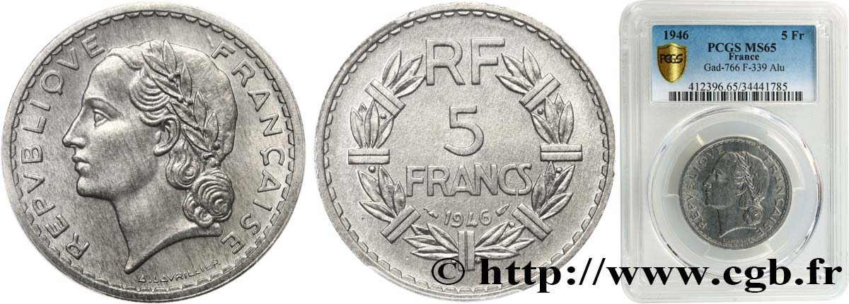 5 francs Lavrillier, aluminium 1946  F.339/6 MS65 PCGS
