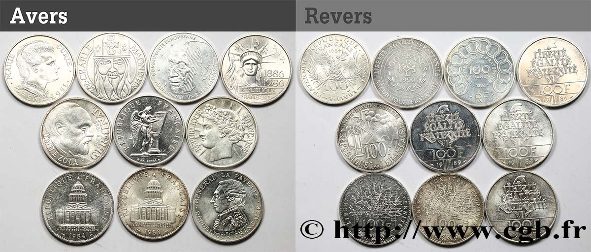 Lot de 10 pièces de 100 francs commémoratives - - F.-/ XF 