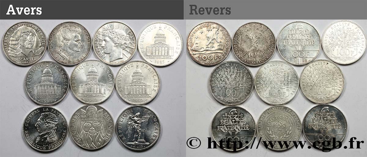 Lot de 10 pièces de 100 francs commémoratives - - F.-/ TTB 