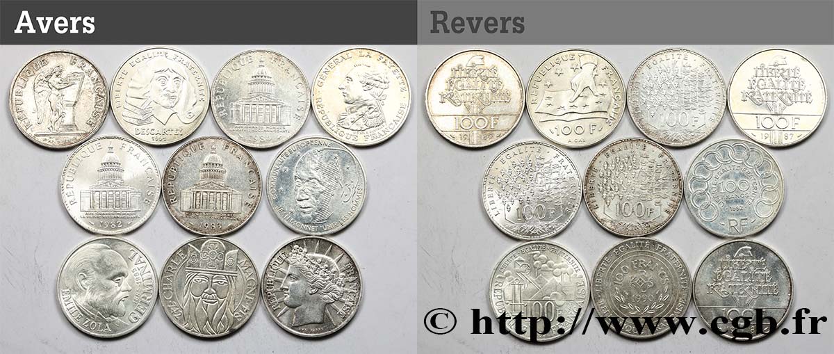 Lot de 10 pièces de 100 francs commémoratives - - F.-/ SS 