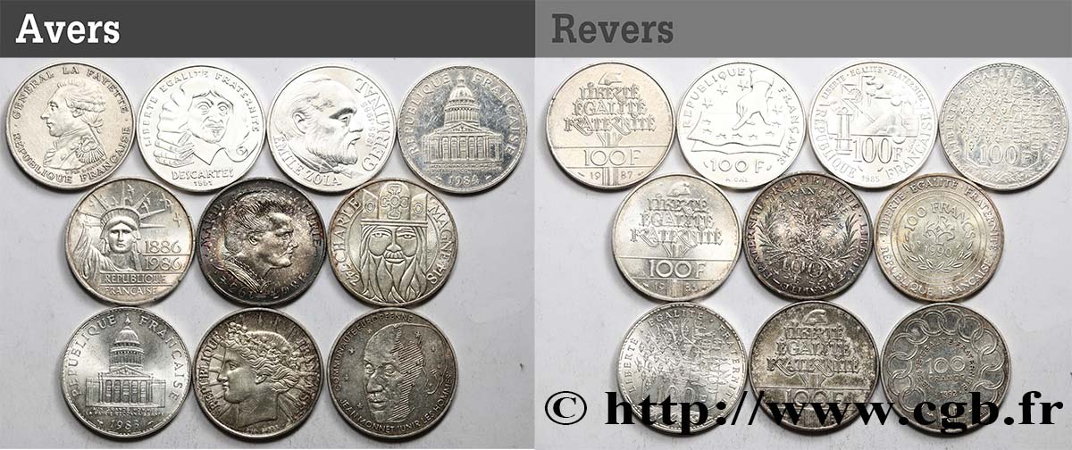 Lot de 10 pièces de 100 francs commémoratives - - F.-/ XF 