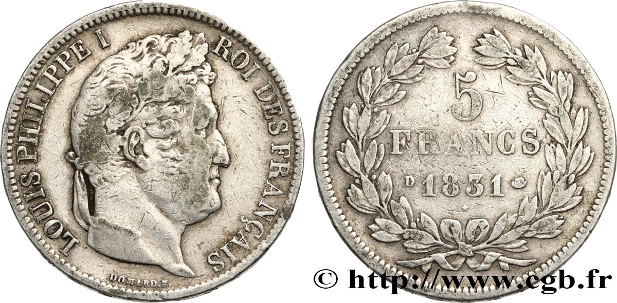 5 francs Ier type Domard, tranche en relief 1831 Lyon F.320/4 VF25 