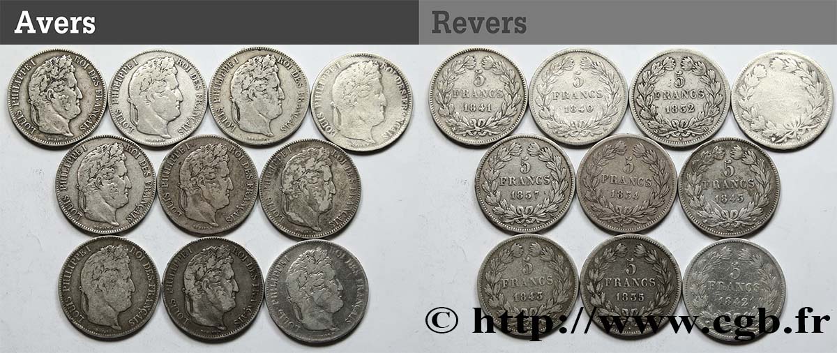 Lot de dix pièces de 5 francs IIe type Domard n.d. s.l. F.324/- MB 