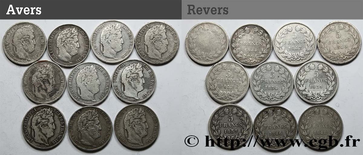 Lot de dix pièces de 5 francs IIe type Domard n.d. s.l. F.324/- TB 
