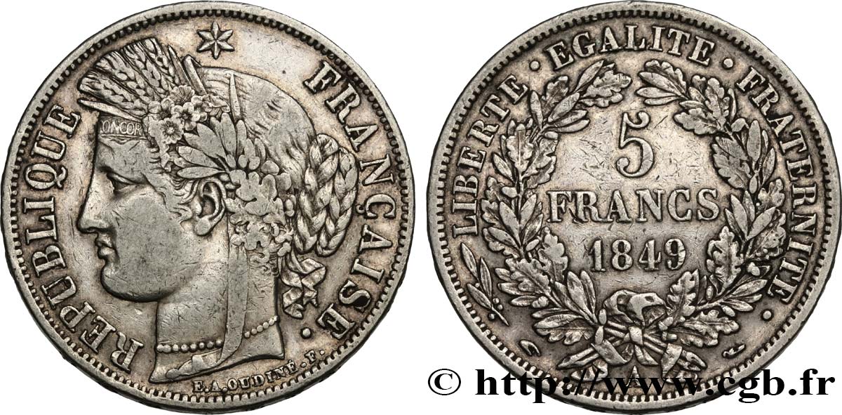 5 francs Cérès, IIe République 1849 Paris F.327/1 TB35 