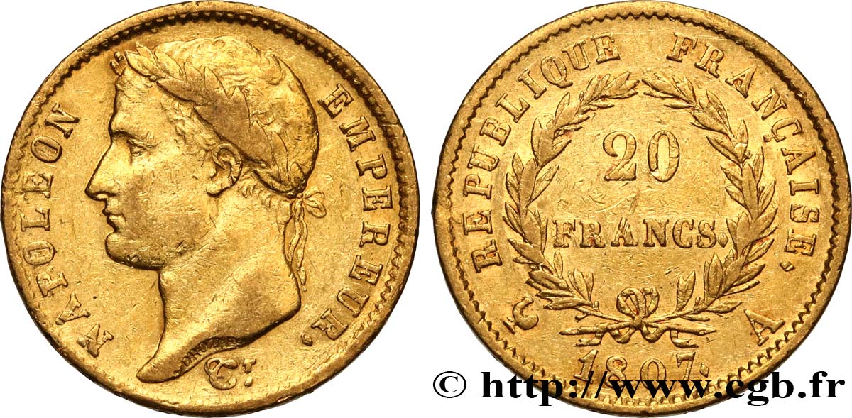 20 francs or Napoléon tête laurée, République française 1807 Paris F.515/1 TTB 