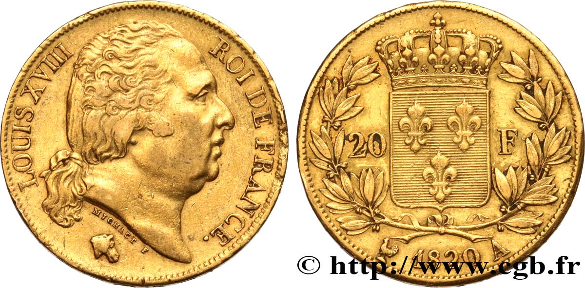 20 francs or Louis XVIII, tête nue 1820 Paris F.519/19 MBC48 