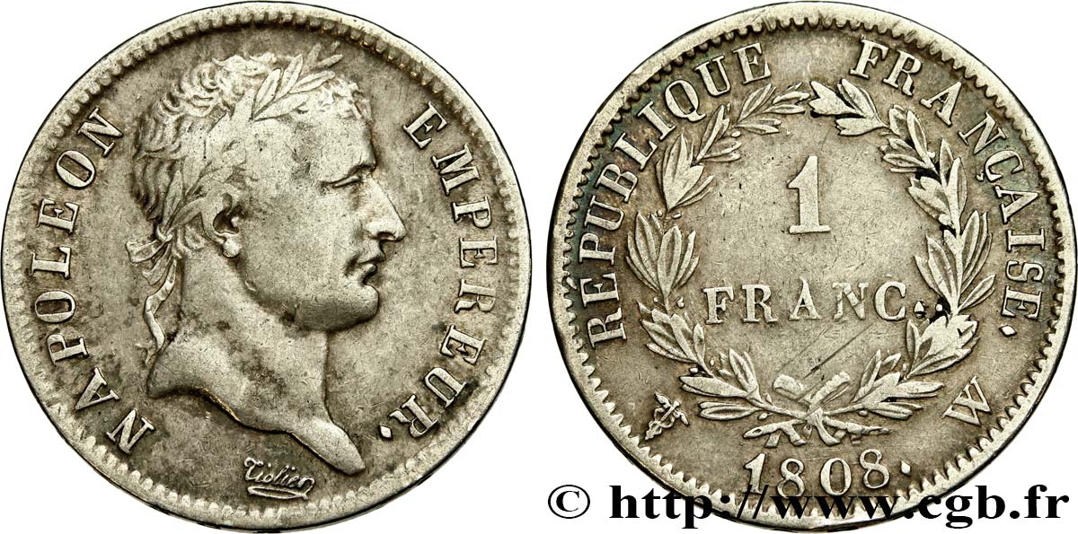 1 franc Napoléon Ier tête laurée, République française 1808 Lille F.204/15 BC+ 