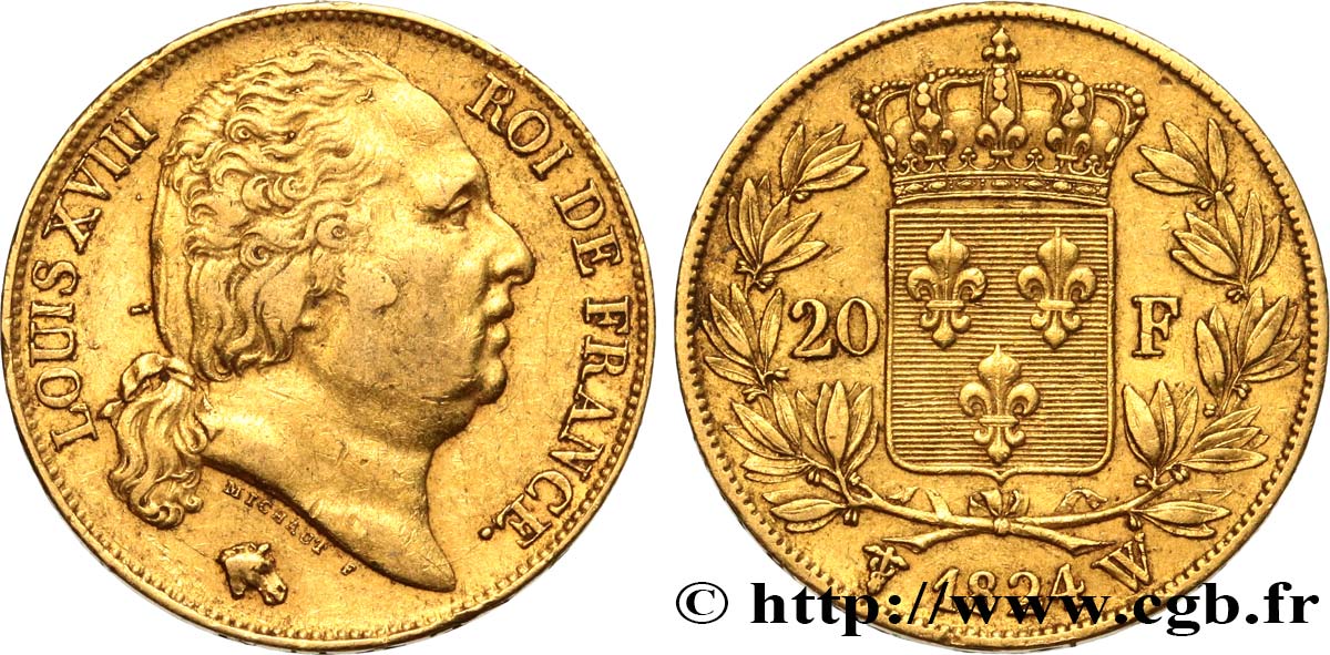 20 francs or Louis XVIII, tête nue 1824 Lille F.519/34 BB45 