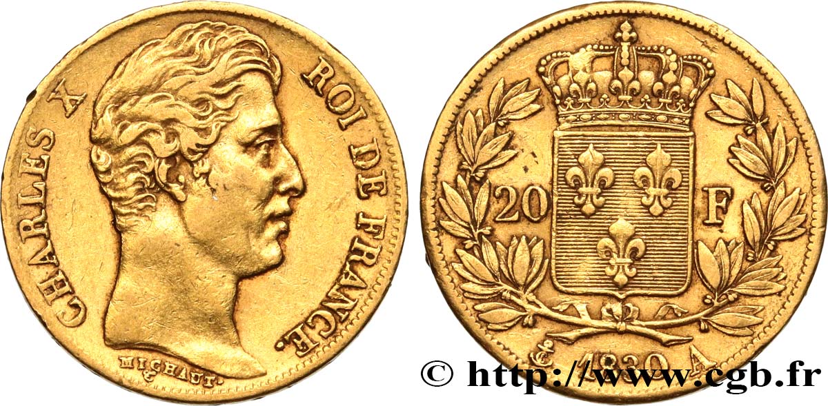20 francs or Charles X, matrice du revers à cinq feuilles 1830 Paris F.521/6 TTB45 