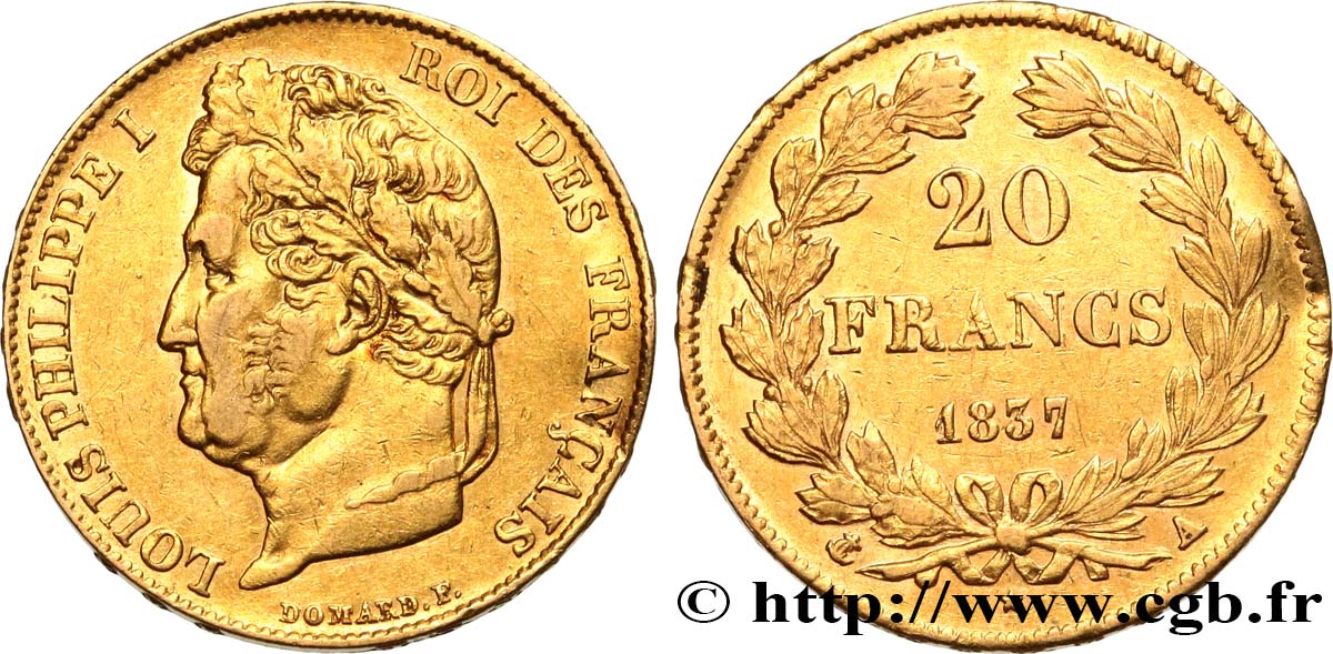 20 francs or Louis-Philippe, Domard 1837 Paris F.527/16 XF 
